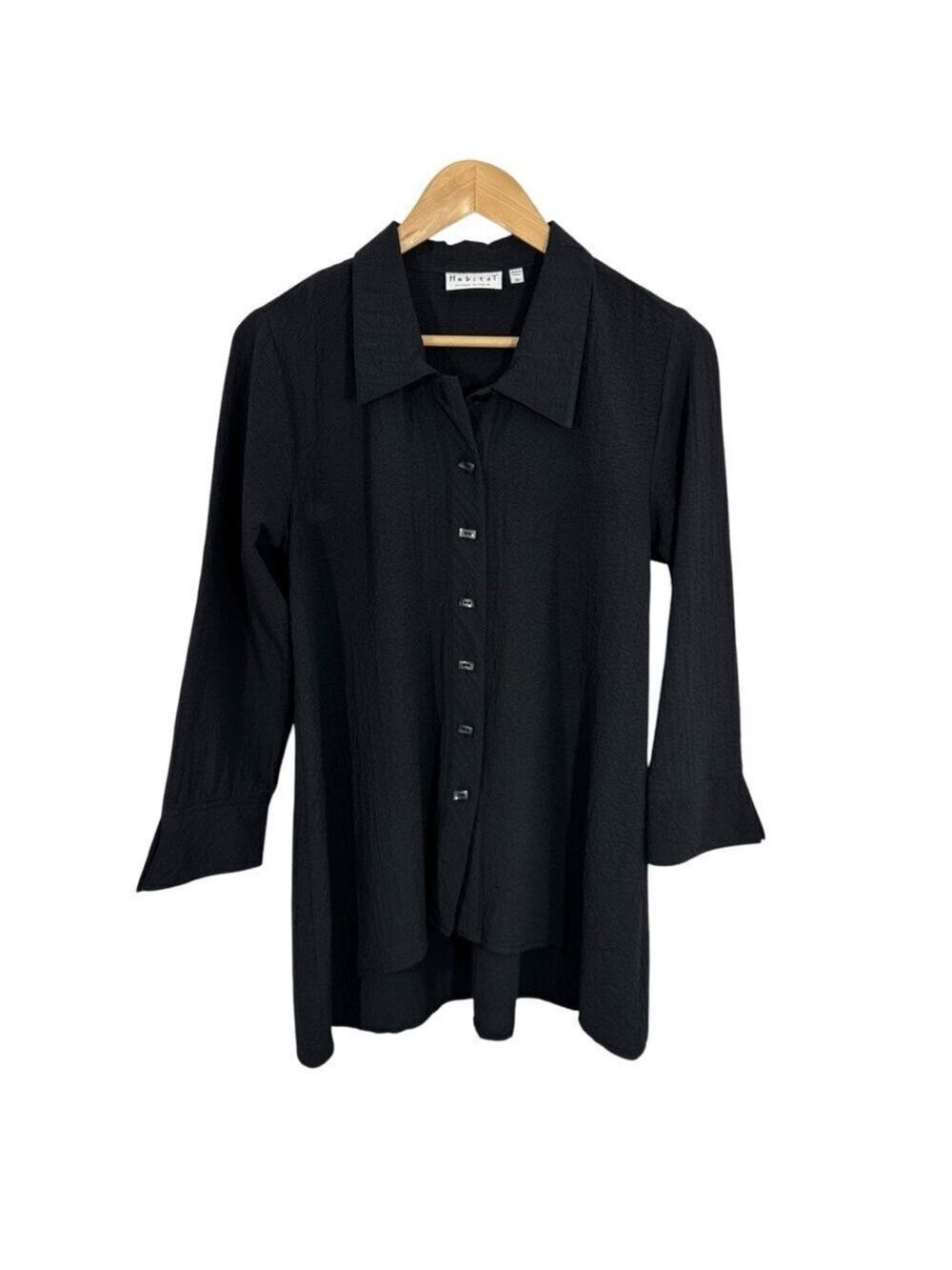 Habitat Seersucker Button Up Tunic Top Womens XS Black Casual Shirt Longline EUC